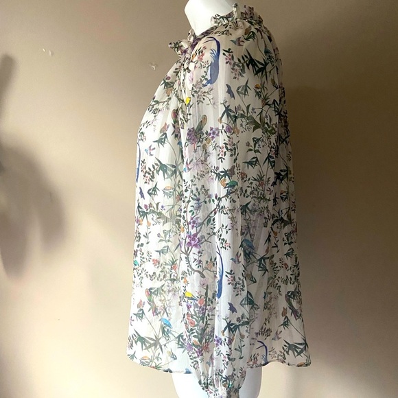 H&M Women’s Cream Birds And Floral Long Sleeve Sheer Peasant Blouse Size 8 - Picture 3 of 7